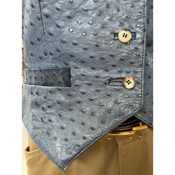 Hermes Womens Vest Blue Buttons Pockets Ostrich Leather Vintage 8 EUR 38 - Picture 7 of 12